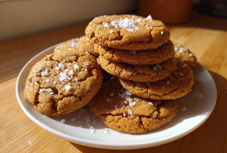 A stack of golden brown Salted Honey Cookies topped generously with flaky sea salt, resting on a white plate.