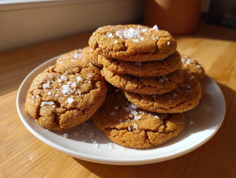 A stack of golden brown Salted Honey Cookies topped generously with flaky sea salt, resting on a white plate.