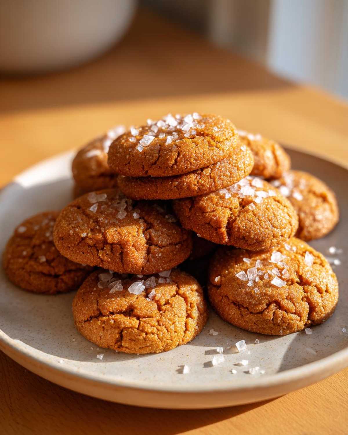 A stack of golden brown Salted Honey Cookies topped with flaky sea salt crystals on a speckled plate.