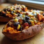 Close-up of a savory Sweet Potato Boats recipe filled with black beans, corn, and topped with melted cheese.