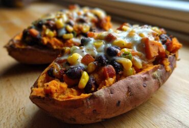 Close-up of a savory Sweet Potato Boats recipe filled with black beans, corn, and topped with melted cheese.