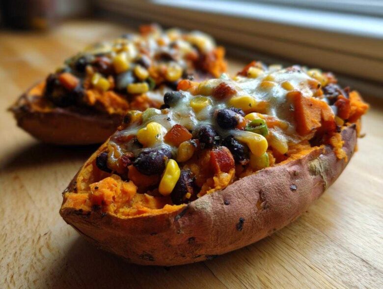 Close-up of a savory Sweet Potato Boats recipe filled with black beans, corn, and topped with melted cheese.
