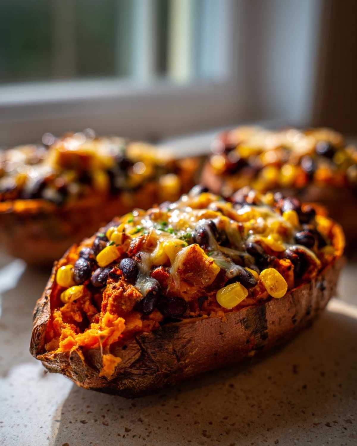 A close-up of a baked Sweet Potato Boat stuffed with black beans, corn, and melted cheese.