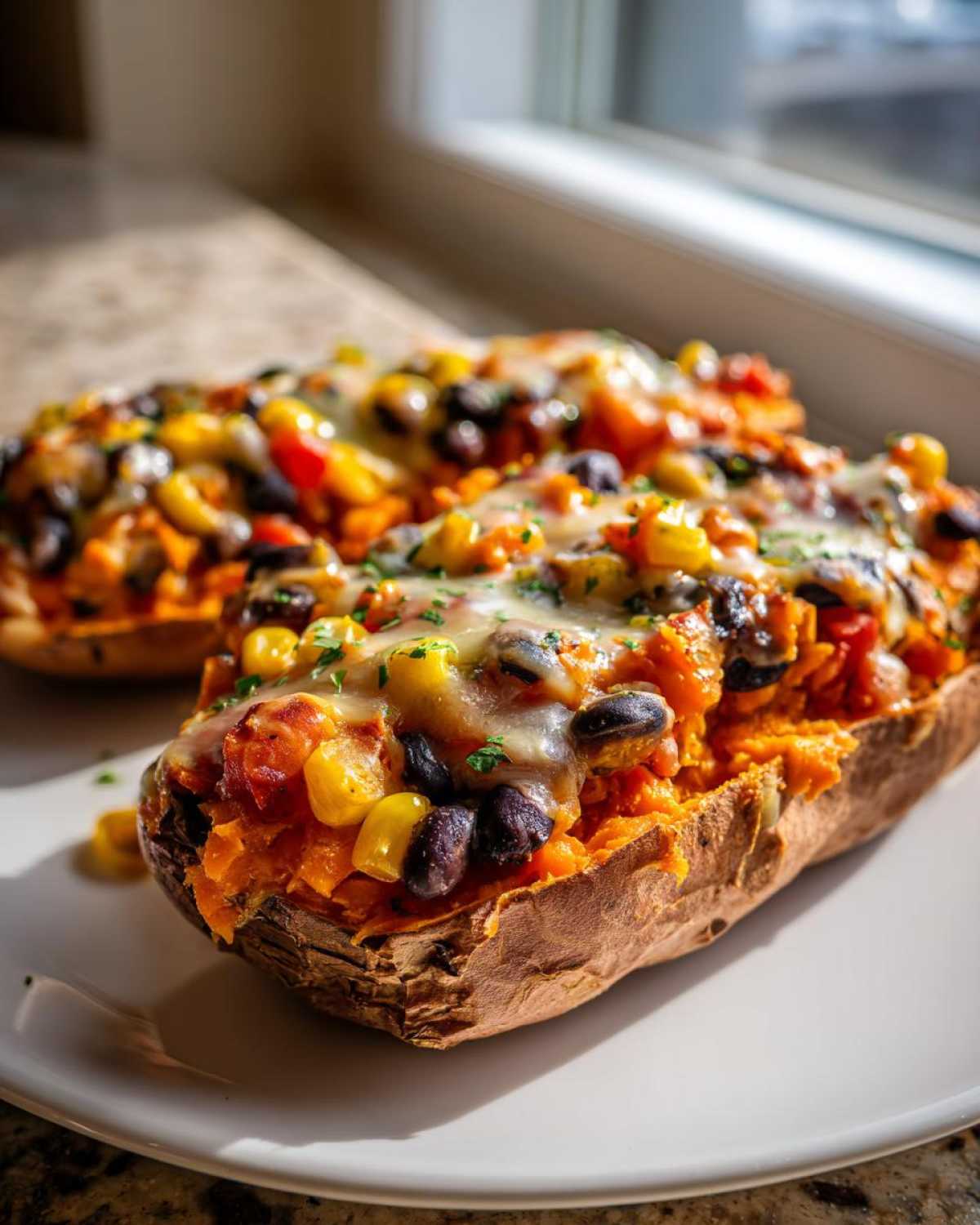 Close-up of two savory Sweet Potato Boats stuffed with black beans, corn, and melted cheese.