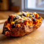 A close-up of a savory Sweet Potato Boats recipe, stuffed with black beans, corn, and melted cheese.