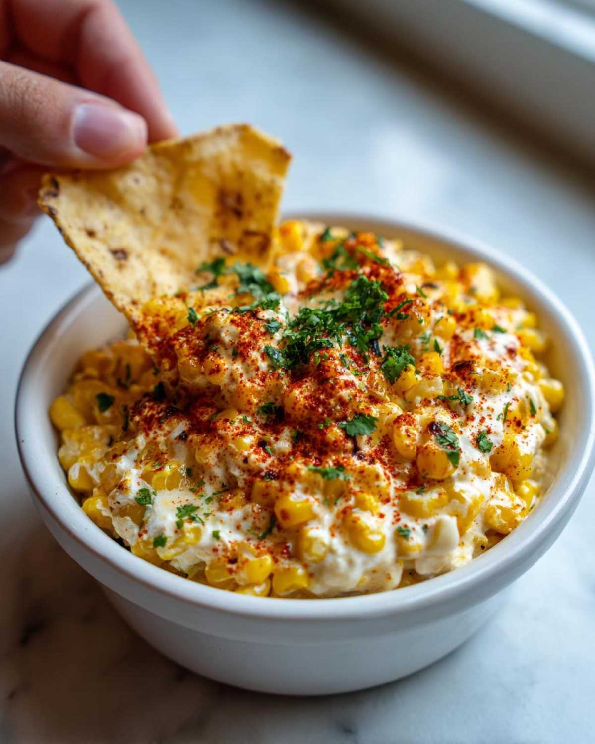 A hand scoops creamy Elote Dip topped with chili powder and cilantro using a tortilla chip.