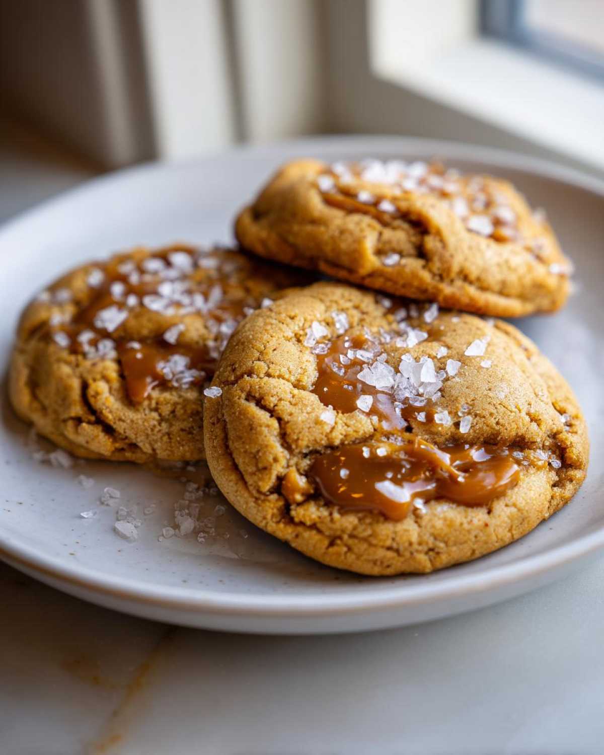 Three freshly baked Sea Salt Caramel Cookies topped with gooey caramel and flaky sea salt crystals.