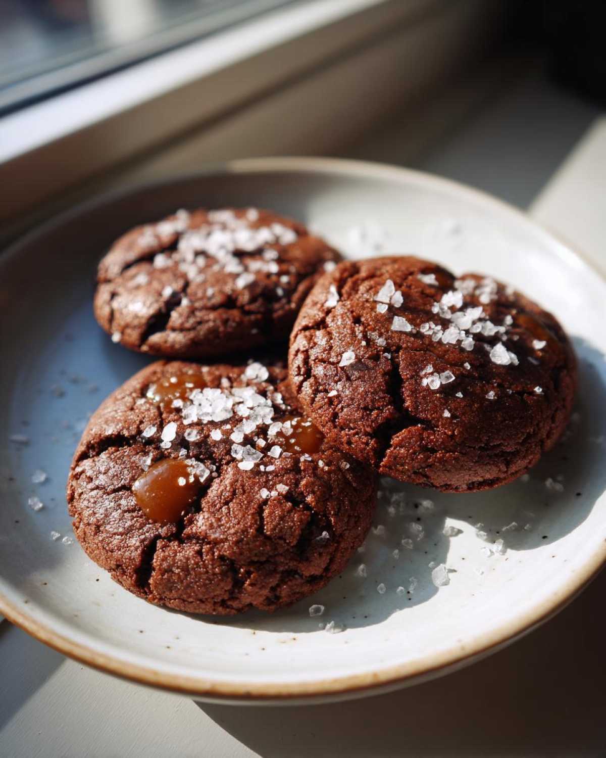 Three rich, dark chocolate Sea Salt Caramel Cookies topped with flaky sea salt and visible caramel filling.