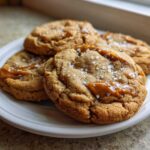 Four freshly baked Sea Salt Caramel Cookies topped with gooey caramel and flaky sea salt on a white plate.