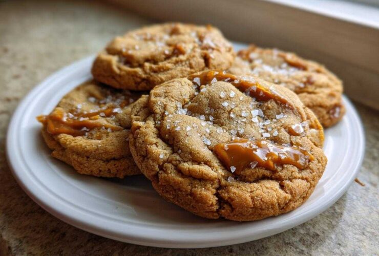 Four freshly baked Sea Salt Caramel Cookies topped with gooey caramel and flaky sea salt on a white plate.