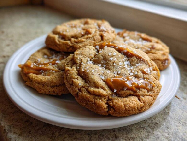 Four freshly baked Sea Salt Caramel Cookies topped with gooey caramel and flaky sea salt on a white plate.