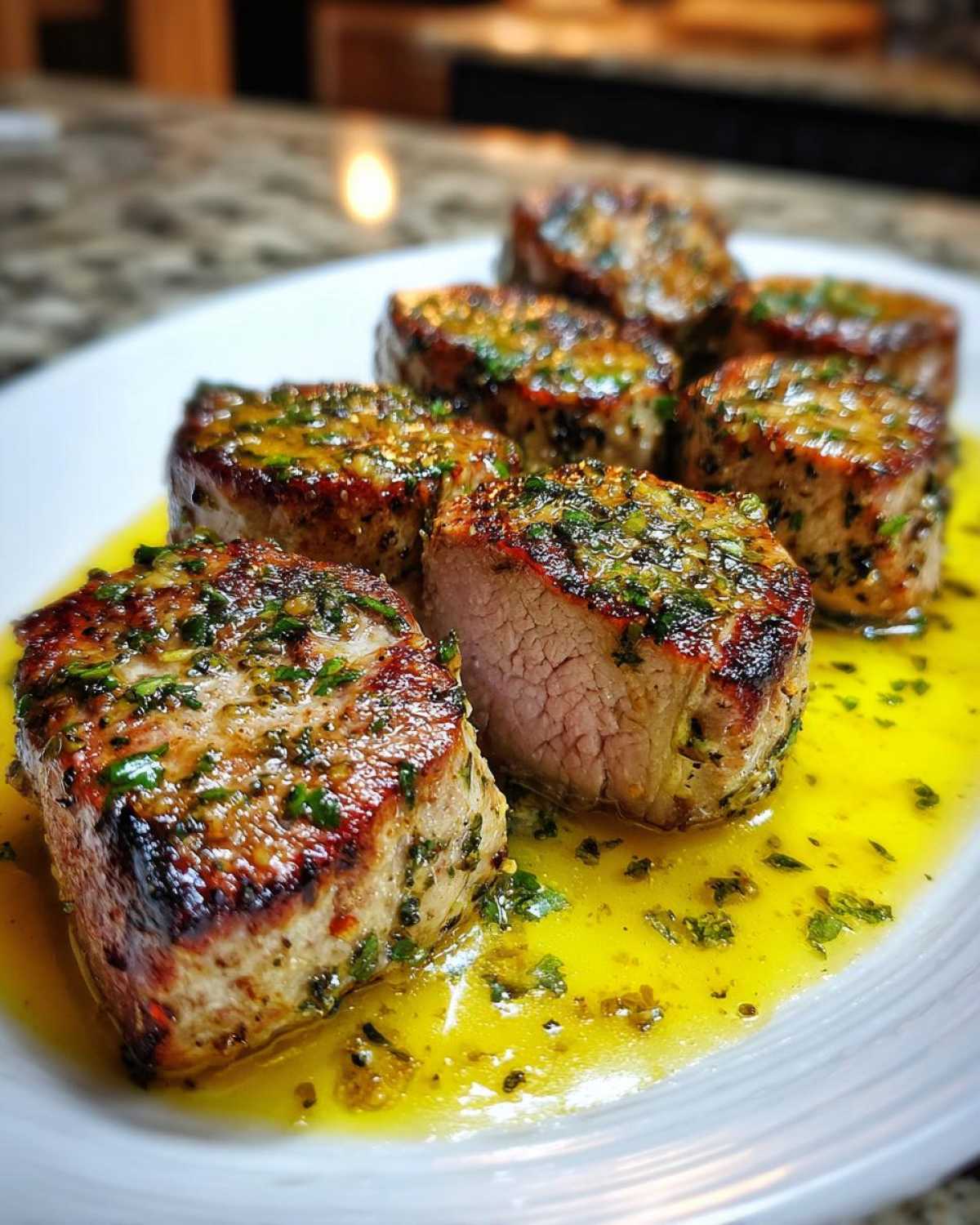 Close-up of seared Pork Medallions served on a white plate swimming in bright yellow herb butter sauce.