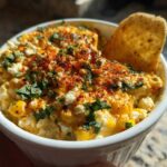 Close-up of a small white bowl filled with creamy, cheesy Elote Dip, topped with cotija cheese, chili powder, and cilantro, with a chip dipped in.