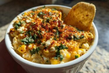 Close-up of a small white bowl filled with creamy, cheesy Elote Dip, topped with cotija cheese, chili powder, and cilantro, with a chip dipped in.
