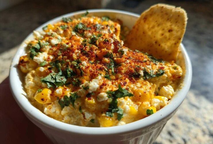 Close-up of a small white bowl filled with creamy, cheesy Elote Dip, topped with cotija cheese, chili powder, and cilantro, with a chip dipped in.