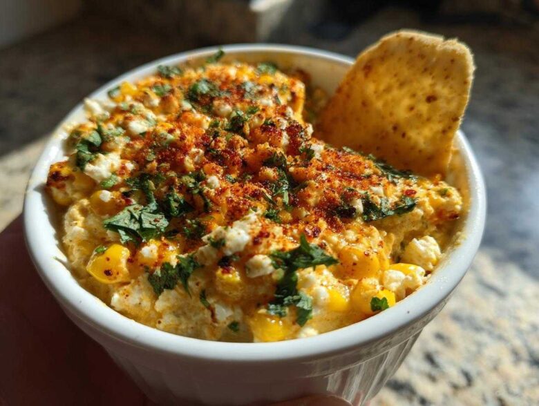 Close-up of a small white bowl filled with creamy, cheesy Elote Dip, topped with cotija cheese, chili powder, and cilantro, with a chip dipped in.