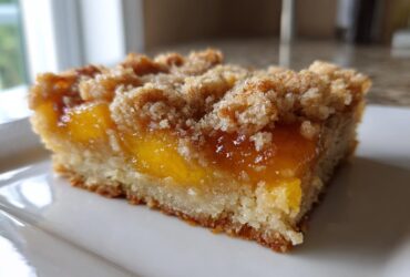 A close-up, side-view of a thick Peach Crumb Bars square with a buttery crust, bright orange peach filling, and crumbly topping.