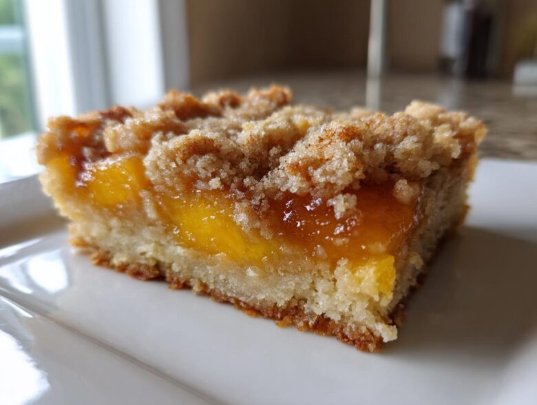 A close-up, side-view of a thick Peach Crumb Bars square with a buttery crust, bright orange peach filling, and crumbly topping.