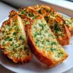 Close-up of golden-brown Sliced Garlic Bread with Cheese, topped generously with melted cheese and fresh green parsley.