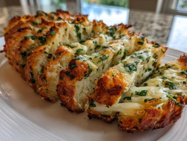 Close-up of freshly baked Sliced Garlic Bread with Cheese, showing melted cheese and green herbs.