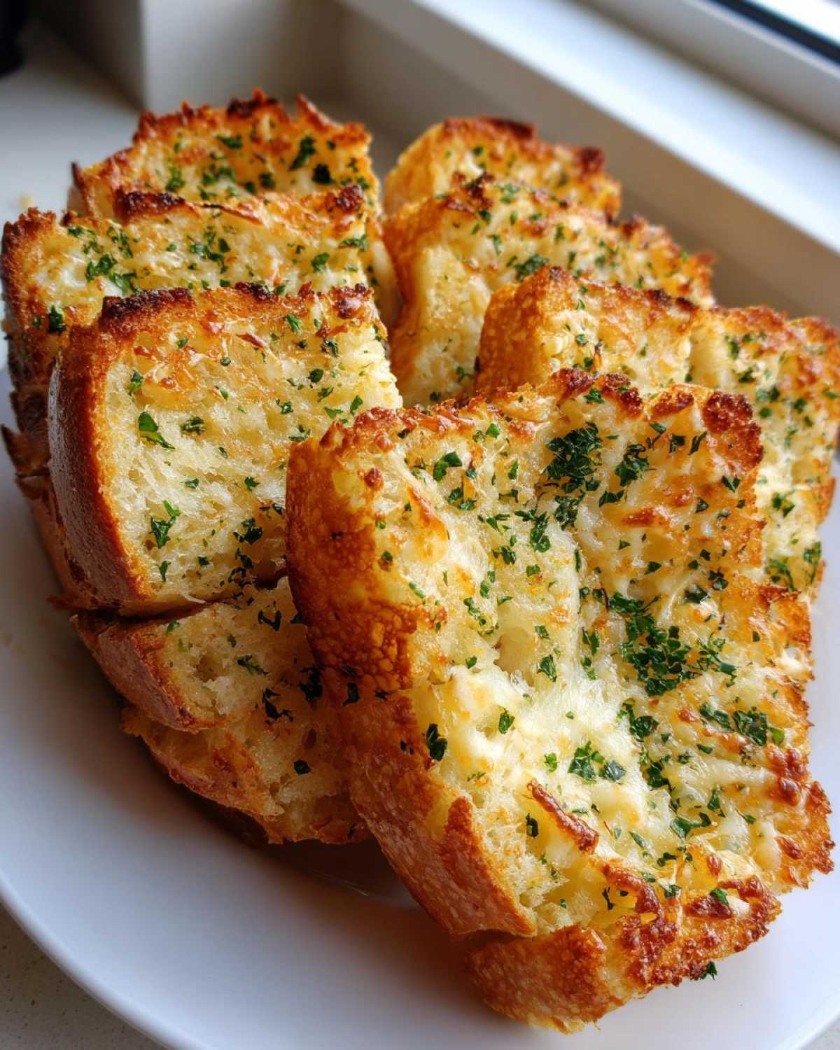 Close-up of several golden brown slices of Sliced Garlic Bread with Cheese, topped with melted cheese and fresh green parsley.