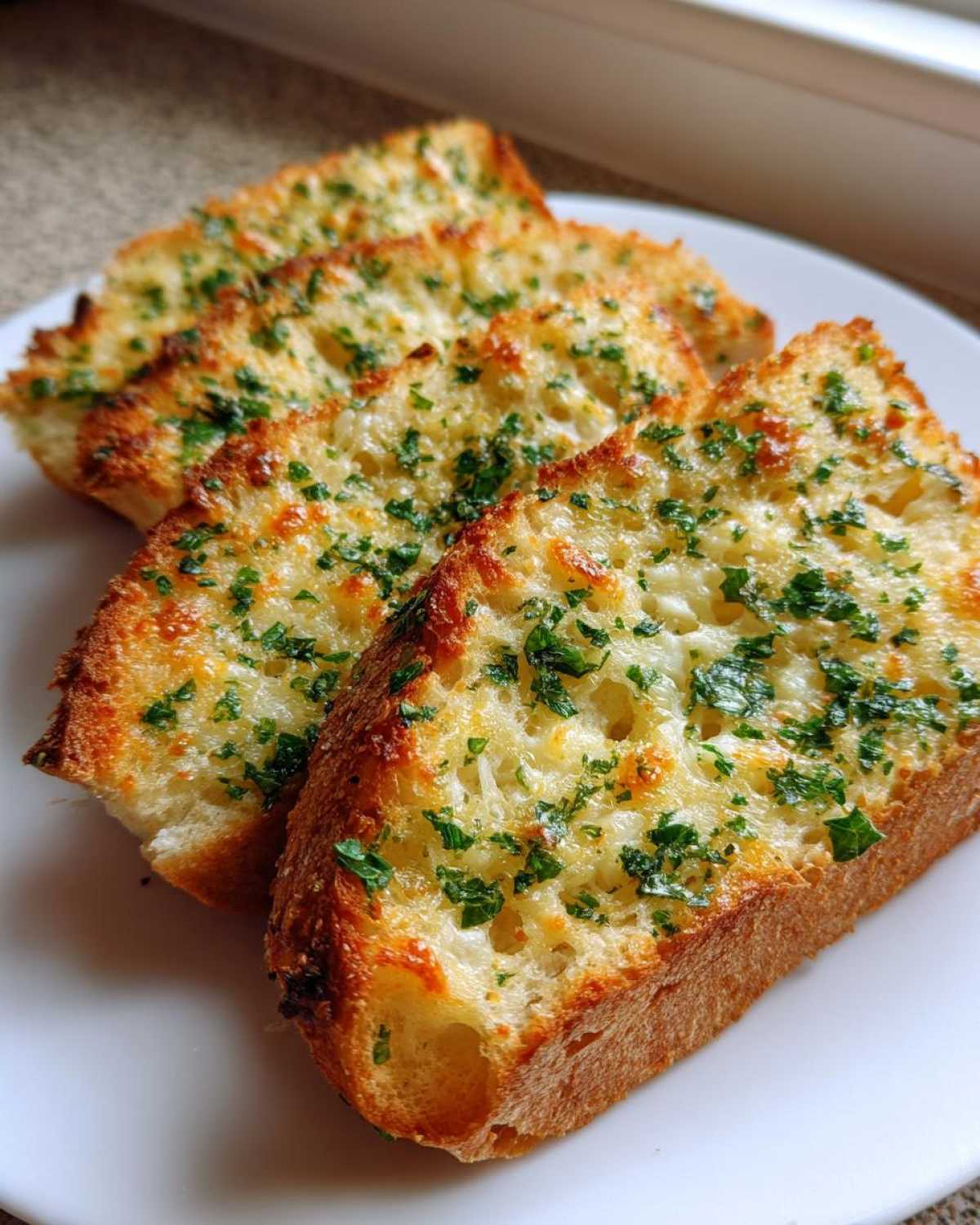 Close-up of four golden brown pieces of Sliced Garlic Bread with Cheese, topped with melted cheese and fresh parsley.