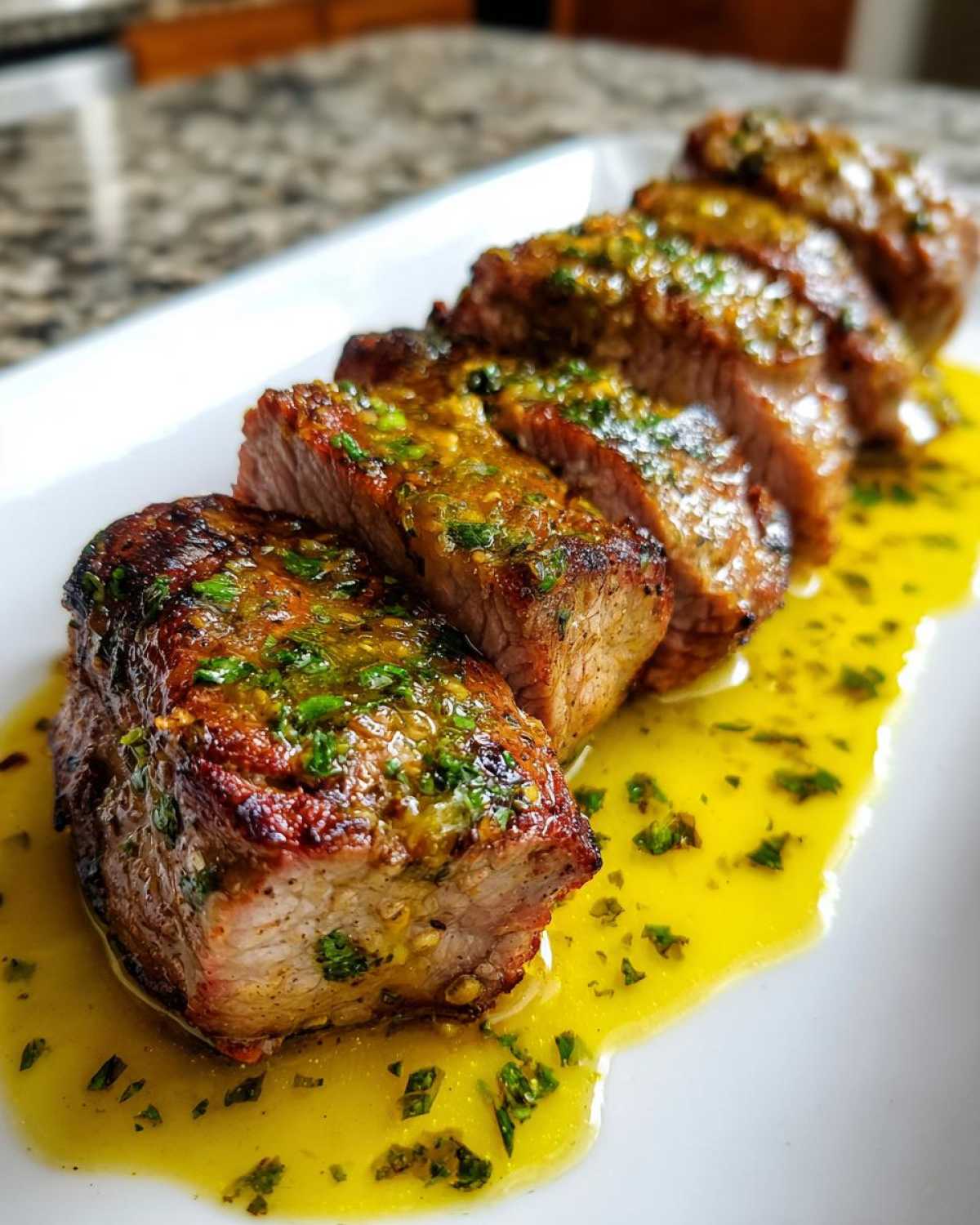 Close-up of perfectly cooked, sliced Pork Medallions drizzled with a bright yellow herb sauce.