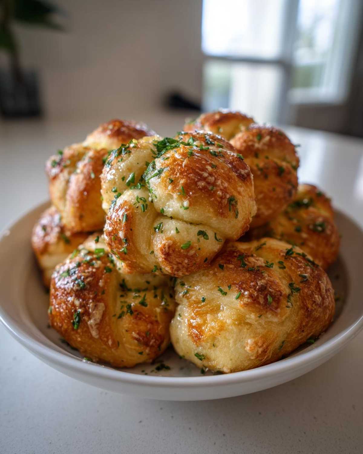 A close-up of a white bowl piled high with freshly baked, soft Garlic Knots glazed with butter and topped with chopped parsley.