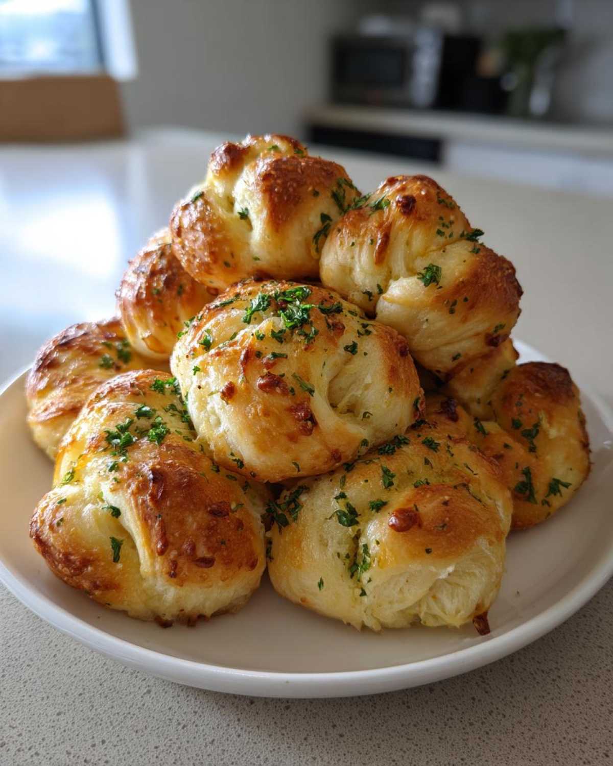 A stack of freshly baked, soft Garlic Knots piled high on a white plate, glistening with butter and topped with chopped parsley.