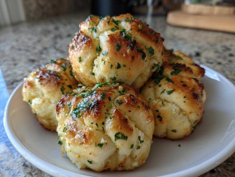 A close-up photo of several soft Garlic Knots piled on a white plate, glistening with butter and topped with fresh green parsley.
