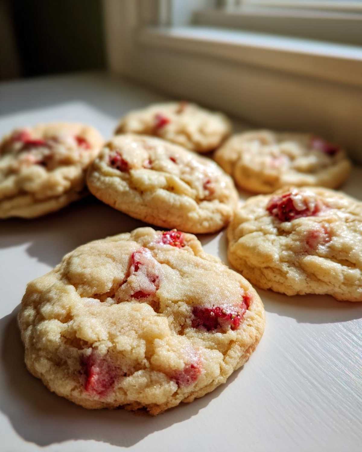 A close-up of several soft, pale Strawberry Cookies studded with bright red fruit pieces, sitting on a white surface near a window.