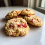 A close-up of several soft Strawberry Cookies studded with visible chunks of fresh strawberry and white chocolate on a white marble surface.