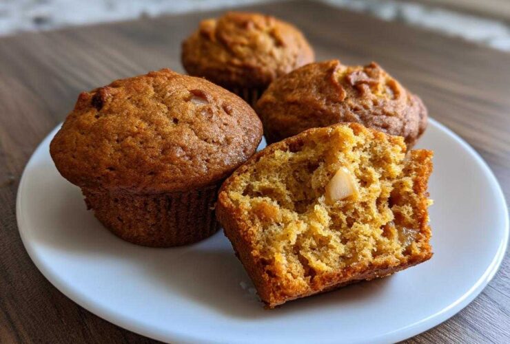 Close-up of moist Sourdough Discard Apple Muffins, one cut open showing apple chunks inside.