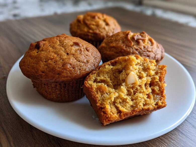 Close-up of moist Sourdough Discard Apple Muffins, one cut open showing apple chunks inside.