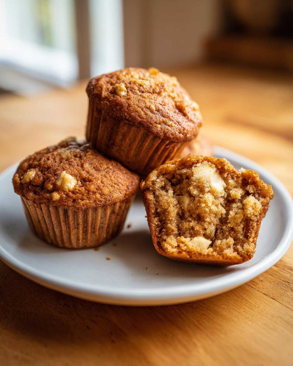 Three Sourdough Discard Apple Muffins on a plate, one cut in half showing moist interior and apple chunks.