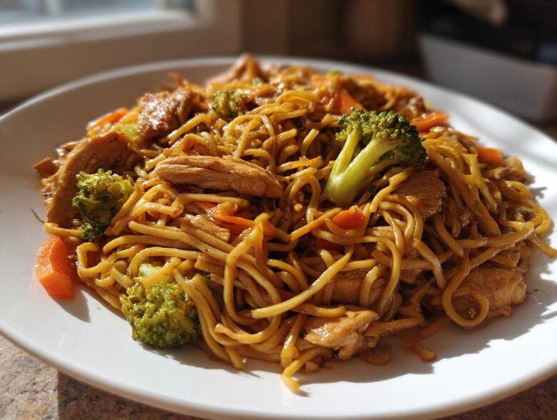 A close-up, appetizing serving of Stir-Fried Noodles mixed with sliced chicken, bright green broccoli florets, and carrots on a white plate.