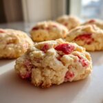 A close-up, low-angle shot of several soft Strawberry Cookies studded with bright red fruit pieces, resting on a white marble surface.
