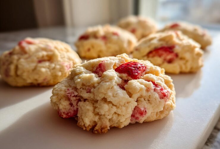 A close-up, low-angle shot of several soft Strawberry Cookies studded with bright red fruit pieces, resting on a white marble surface.