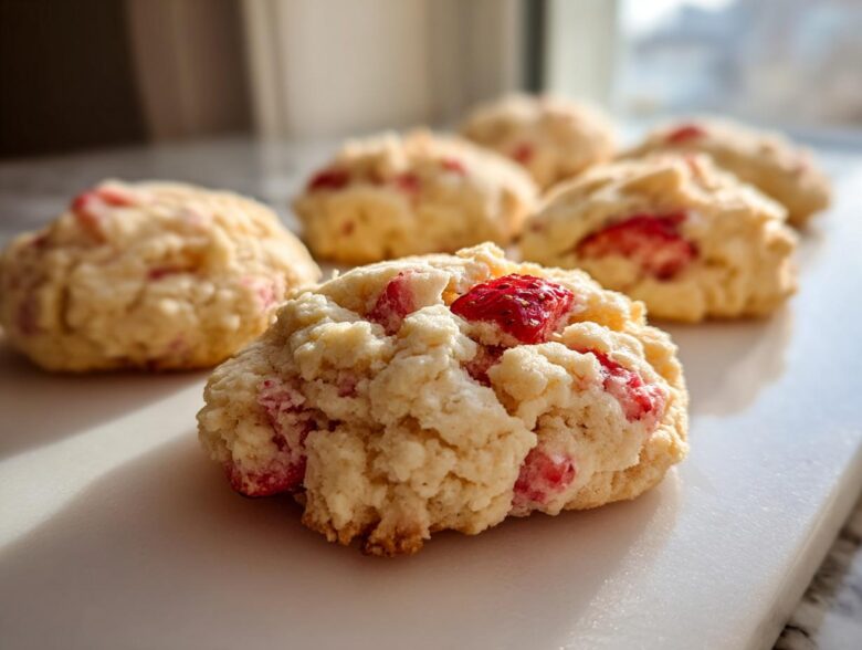 A close-up, low-angle shot of several soft Strawberry Cookies studded with bright red fruit pieces, resting on a white marble surface.