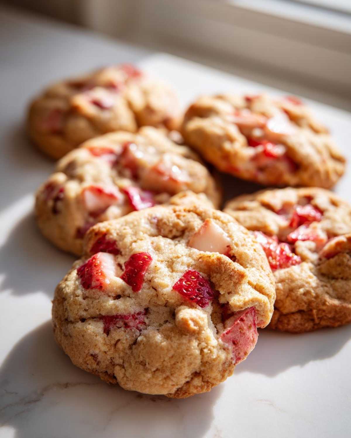 A close-up shot of several freshly baked Strawberry Cookies studded with bright red strawberry pieces, sitting on a white marble surface.