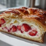 A close-up cross-section of a golden brown Strawberry Flaky Puff Pastry filled with cream and sliced fresh strawberries.