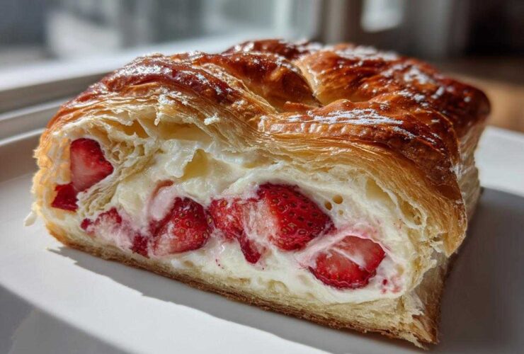 A close-up cross-section of a golden brown Strawberry Flaky Puff Pastry filled with cream and sliced fresh strawberries.