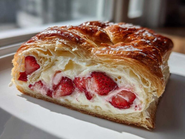 A close-up cross-section of a golden brown Strawberry Flaky Puff Pastry filled with cream and sliced fresh strawberries.