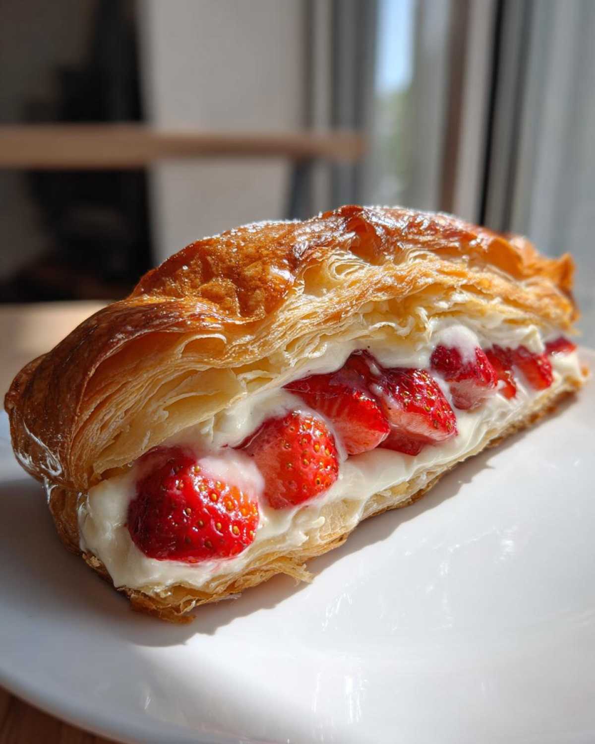 A close-up of a delicious Strawberry Flaky Puff Pastry filled with cream and fresh sliced strawberries, resting on a white plate.