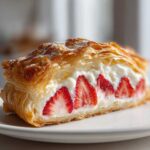 Close-up of a slice of Strawberry Flaky Puff Pastry filled with cream and fresh strawberries.