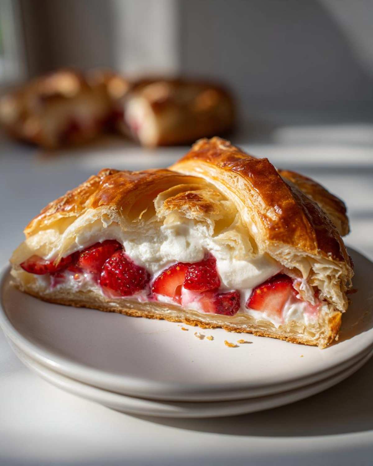 Close-up of a slice of Strawberry Flaky Puff Pastry filled with fresh strawberries and whipped cream.