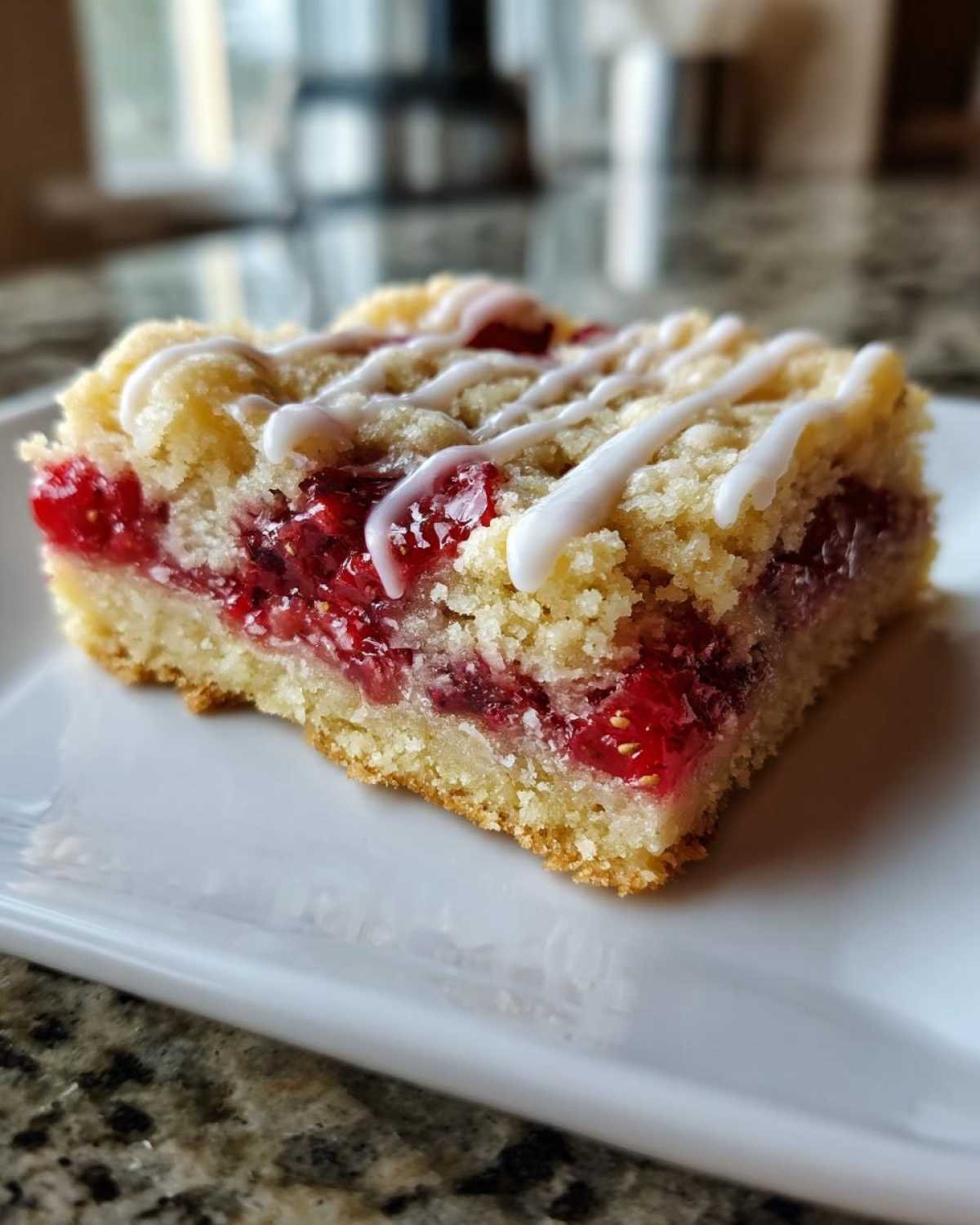 A single serving of Strawberry Shortcake Bars featuring a crumb topping, bright red strawberry filling, and white icing drizzle.