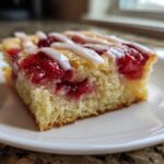 A close-up of a single serving of moist Strawberry Shortcake Bars topped with glazed strawberries and white icing drizzle.