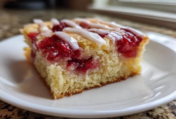 A close-up of a single serving of moist Strawberry Shortcake Bars topped with glazed strawberries and white icing drizzle.