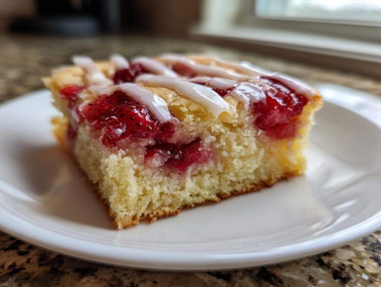 A close-up of a single serving of moist Strawberry Shortcake Bars topped with glazed strawberries and white icing drizzle.